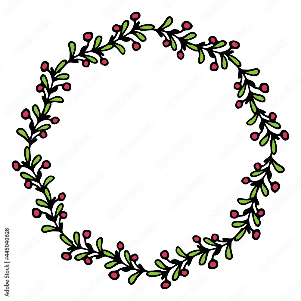 vector wreath of mistletoe, red berries and green leaves.round pattern of a doodle-style twig with round red berries and green leaves with an empty space inside wreaths on a white background for a Chr