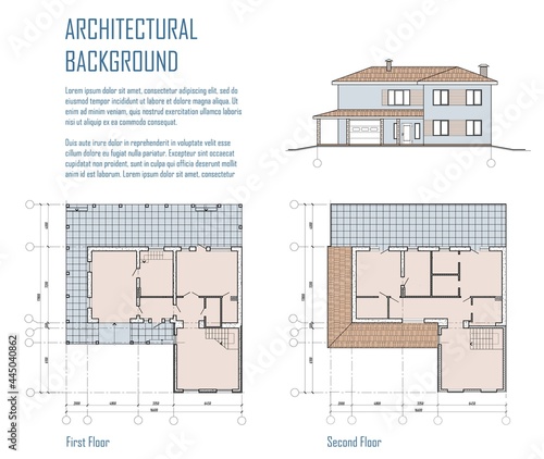 Architectural project: floor plans and facade cottage . Colored suburban house project on white background. Vector blueprint. Drawing of the modern building. Architectural Technical Illustration.