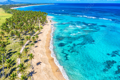 Tropical summer beach with coconut palm trees background. Aerial drone idyllic turquoise sea vacation background. Dominican Republic.