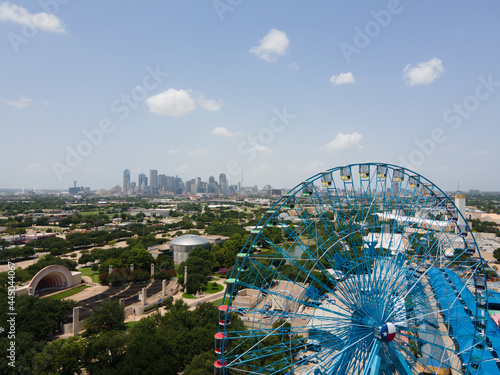Dallas, Texas  USA - 07-13-2021 Aerial Photo Dallas Fair Park State Fair Of Texas Ferris Wheel Downtown Dallas