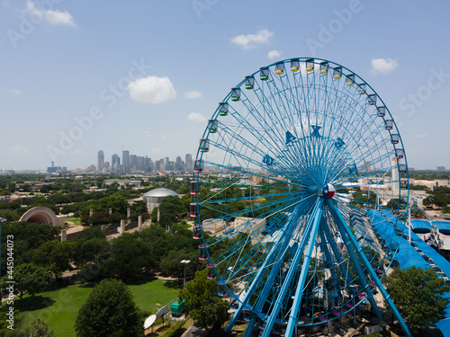 Dallas, Texas  USA - 07-13-2021 Aerial Photo Dallas Fair Park State Fair Of Texas Ferris Wheel Downtown Dallas