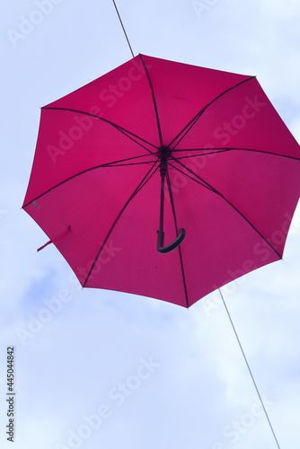 Pink farbiger Regenschirm vor blauem Himmel