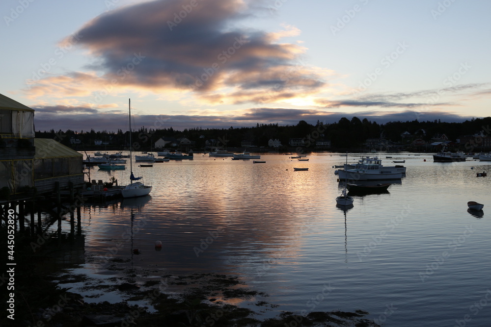 Boats anchored at dawn in Bass Harbor, Maine