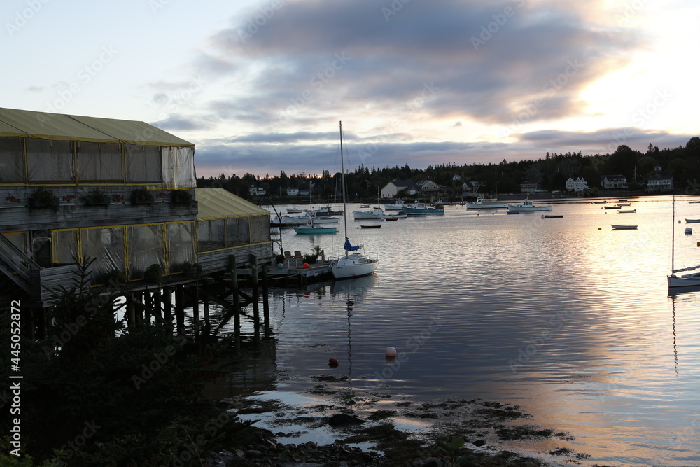 Fototapeta premium Boats anchored at dawn in Bass Harbor, Maine