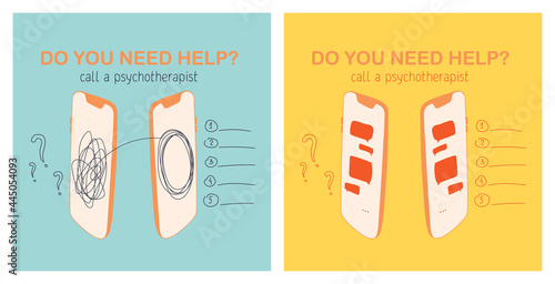 Set of covers or stickers for an online psychologist. Text - Do you need help? Call a psychotherapist. Smartphone and stylized problems. Vector graphics.