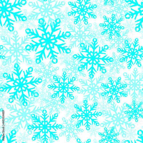 Blue ink snowflakes isolated on white background. Cute Christmas seamless pattern. Vector simple flat graphic hand drawn illustration. Texture.