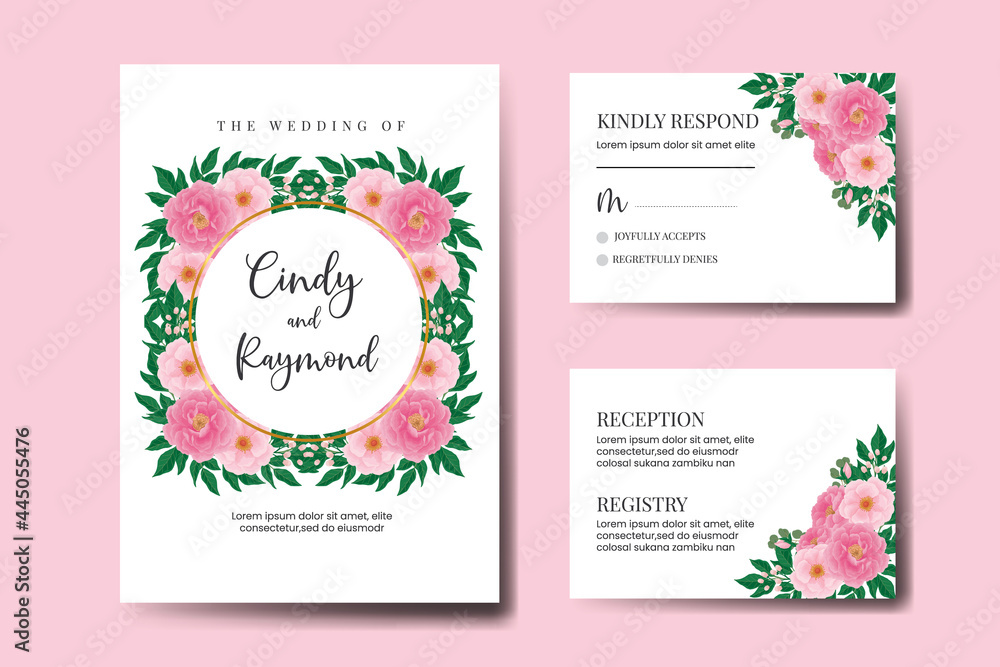 Wedding invitation frame set, floral Digital watercolor Pink Peony Flower design Invitation Card Template