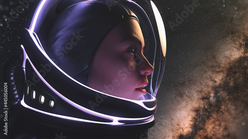 Fotografia female astronaut with glass helmet and dramatic lighting