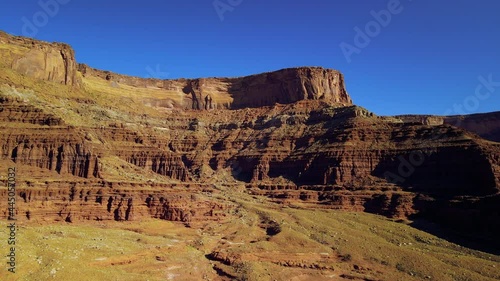 Aerial of red rock landscape with blue sky