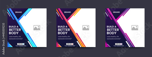 Social media template design set for gym and fitness Blue background abstract Gradient shape Vector design with place for photo Suitable for social media post banner and store web internet