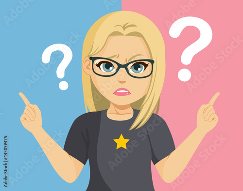 Young blonde teenager girl picking a choice doubting concept 
