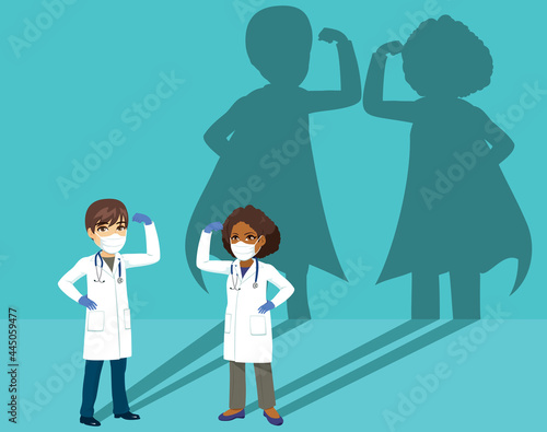 Doctor Team fighting Covid worldwide pandemic hero concept casting big shadow with cape on background