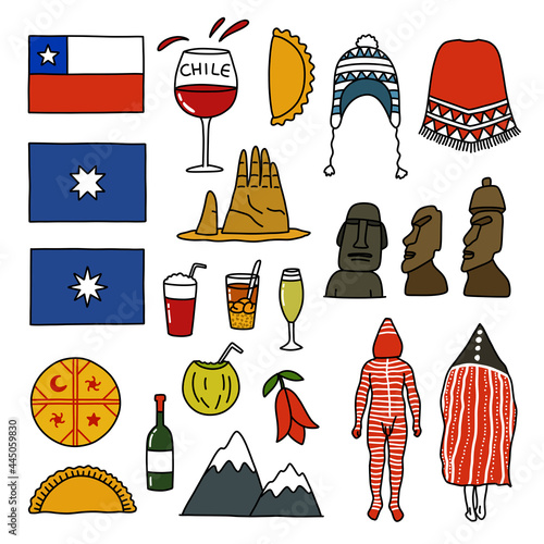 chilean doodle icons set, vector line color illustration photo
