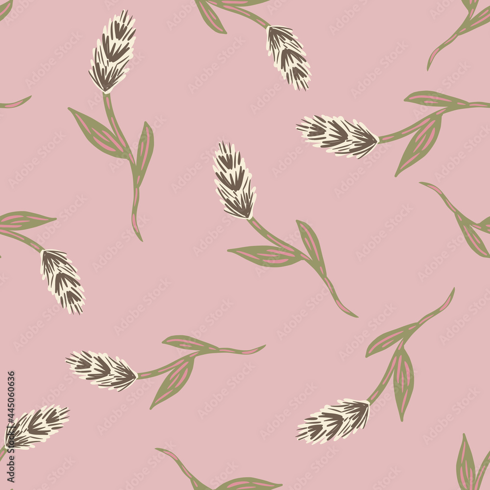 Pastel pink colored seamless pattern with beige ear of wheat elements print. Hand drawn nature harvest backdrop. Pastel pink colored seamless pattern with beige ear of wheat elements print. Hand drawn nature harvest backdrop.
