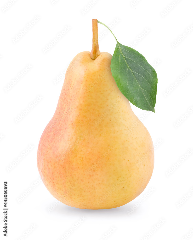 Yellow pear with green leaf isolated on white background. Yellow pear with green leaf isolated on white background.