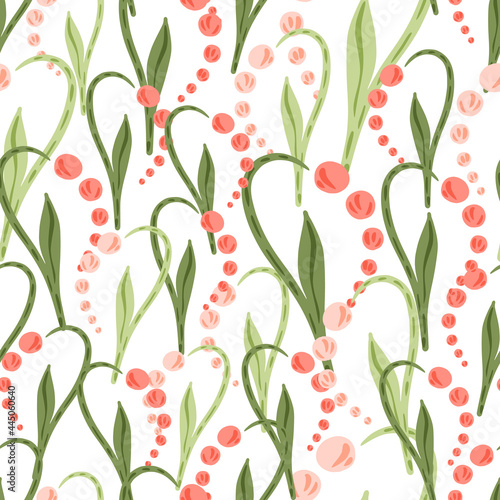 Isolated seamless pattern with pink abstract lily of the valley shapes. Pink flowers random print. White background.