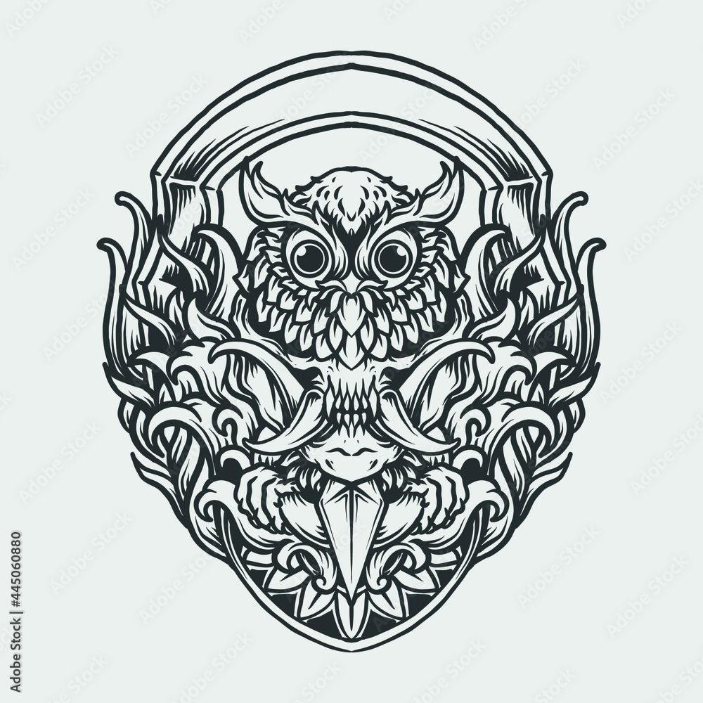 tattoo and t shirt design black and white hand drawn owl and skull engraving ornament tattoo and t shirt design black and white hand drawn owl and skull engraving ornament
