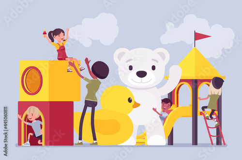 Kindergarten playground fun, happy children playing outdoor with female teacher. Modern city playpark, daycare recreation for kids in summer preschool camp. Vector flat style cartoon illustration