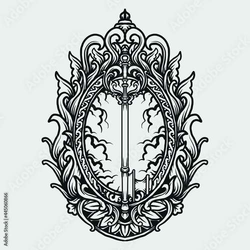 tattoo and t shirt design black and white hand drawn key engraving ornament