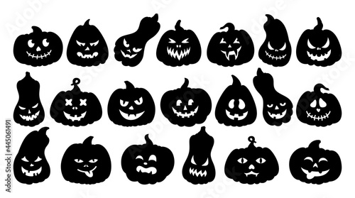 Halloween Pumpkin face cartoon black silhouette set. Pumpkins with scared and smiley faces, creepy grin, symbol holiday Happy Halloween. Cute and funny muzzle. Scary spooky devils eyes Isolated vector