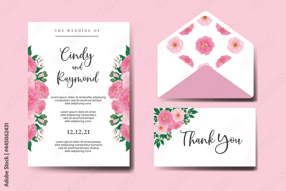 Fototapeta premium Wedding invitation frame set, floral Digital watercolor Pink Peony Flower design Invitation Card Template