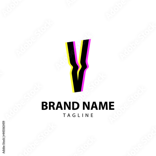 letter V bright glitch for creative brand, fun, playful and innovative vector logo design