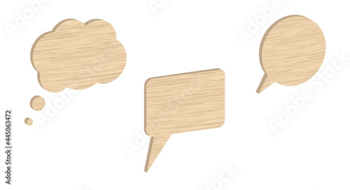 Wooden speech bubbles. Plywood text boxes or quote frames. Isolated vector illustration.