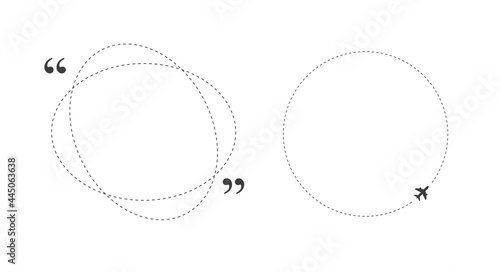 Round dotted frames with quotes and airplane. Empty text boxes, speech bubbles or quote frames. Isolated vector illustration.