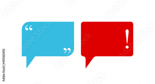 Chat bubbles with commas and exclamation mark. Empty text boxes or quote frames. Isolated vector illustration.