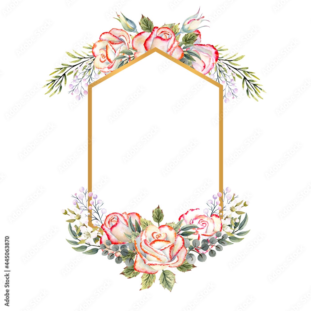 Obraz premium Golden geometric frame with a bouquet of white roses with leaves, decorative twigs and berries. Watercolor illustration for logos, invitations, greeting cards