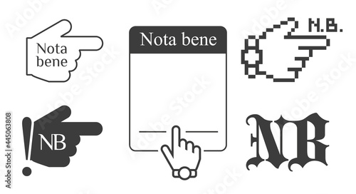 Nota bene latin phrase black icons. Forefinger and empty text box. Hand cursor with wristwatch. Isolated vector illustration.