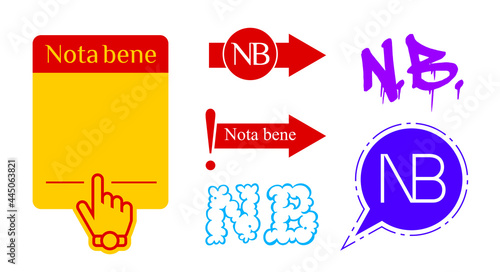 Nota bene latin phrase colored icons. NB abbreviation and note page. Hand cursor with wristwatch. Isolated vector illustration.