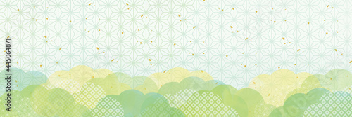 麻の葉と雲柄の水彩和柄背景