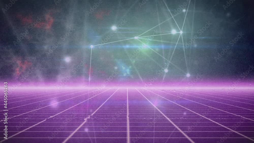 Digital animation of purple light trails over network of connections against grid network Digital animation of purple light trails over network of connections against grid network
