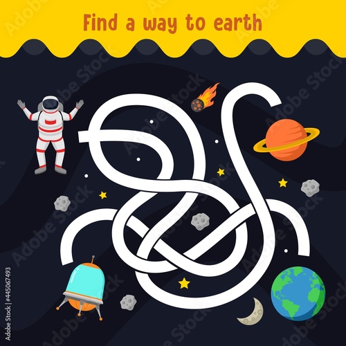 Find a way to earth maze for kids game education with space theme vector illustration