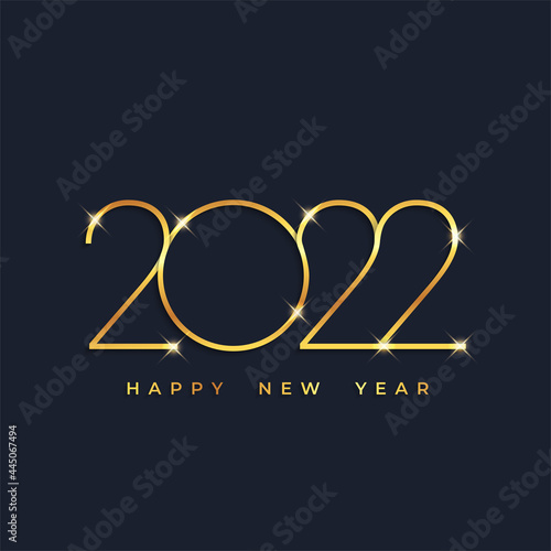 Happy new year 2022 typographic text poster design celebration. Glowing golden numbers and dark sky background vector illustration.