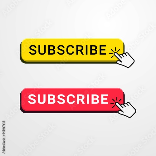 Subscribe button for video channel, blog and social media. Red button with hand cursor and bell for subscription