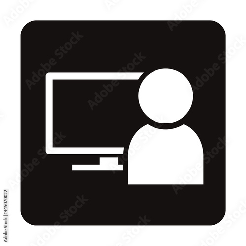 デスクトップパソコンを使用する人物のシンプルなアイコン/白ヌキ