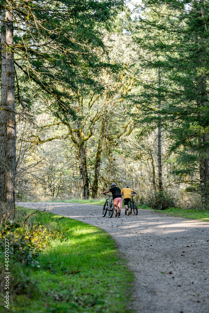 Obraz premium Two friends push their mountain bikes up a wide forest path
