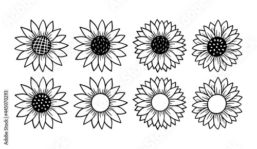 Sunflower simple icon set. Flower silhouette vector illustration. Sunflower graphic logo collection, hand drawn icon for packaging, decor. Petals frame, black silhouette isolated on white background.
