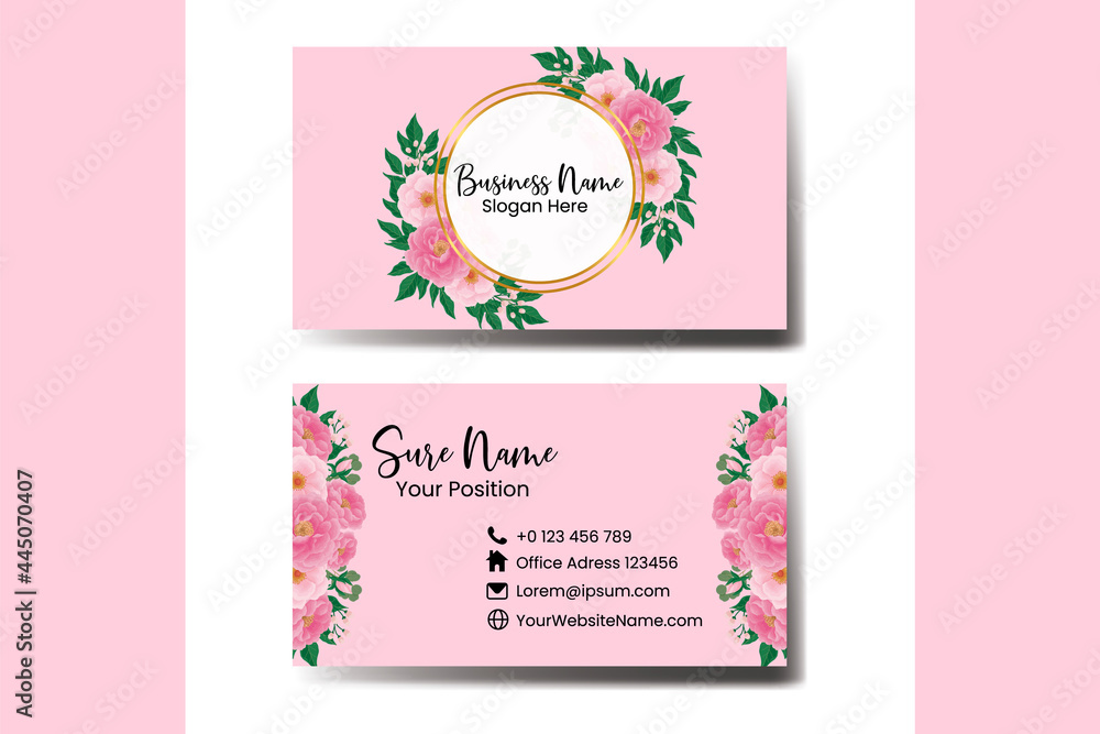 Business Card Template Pink Peony Flower .Double-sided Blue Colors. Flat Design Vector Illustration. Stationery Design