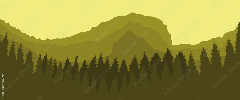 Hills and Pine Forest with Sky Layers vector illustration Used for desktop wallpaper, banner, flyer, typography background, background, backdrop, and others.