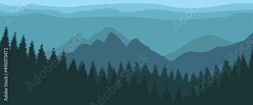 Mountain and Pine Forest with Sky Layers vector illustration Used for desktop wallpaper, banner, flyer, typography background, background, backdrop, and others.