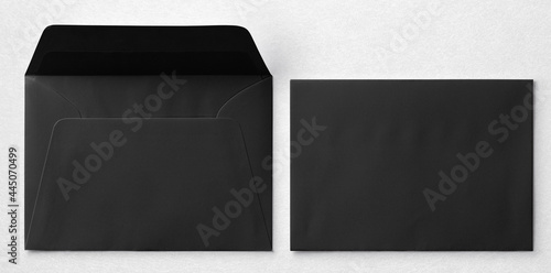 Black announcement envelope set mockup isolated on white background. Format A5.