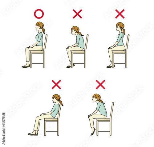 良い姿勢と悪い姿勢の椅子に座っている女性