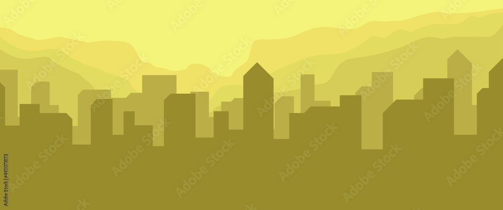 Simple city building silhouette with mountains layers vector illustration used for desktop wallpaper, background, backdrop, flyer, banner, and others.