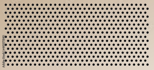 Peg board with round holes. Brown rectangle peg board perforated texture background for working bench tools. Vector illustration.