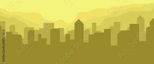 Simple city building silhouette with mountains layers vector illustration used for desktop wallpaper, background, backdrop, flyer, banner, and others.