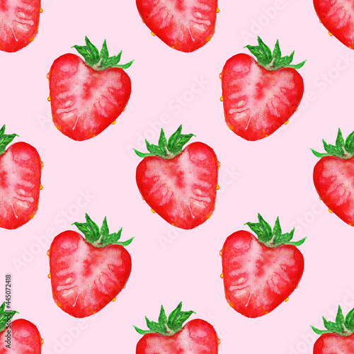 Fototapeta Naklejka Na Ścianę i Meble -  Watercolor hand drawn sketch red strawberry berry slice seamless pattern texture background
