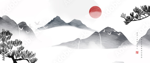 Mountain and golden line arts background vector. Oriental Luxury landscape background design with watercolor brush and gold line texture. Wallpaper design, Wall art for home decor and prints.